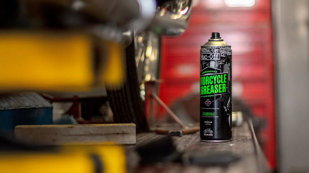 Muc-Off Motorcycle Degreaser next to bike