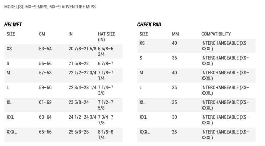 size chart Bell MX-9 MIPS Adult Motocross Helmet (Disrupt Matte Black/Charcoal | Size: Small 55-56cm)