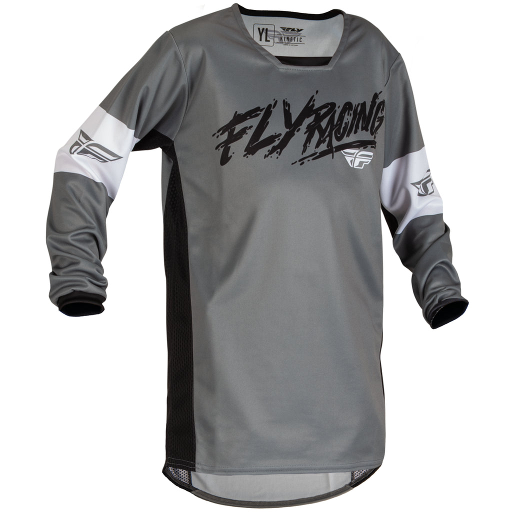 2023 Fly Racing Kinetic Khaos Youth Jersey (Grey/Black/White, UK Size:L)