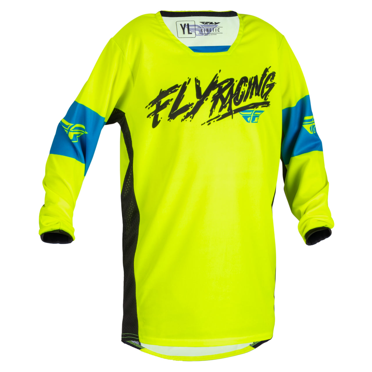 2023 Fly Racing Kinetic Khaos Youth Jersey (Hi-Viz/Black/Cyan, UK Size:M)