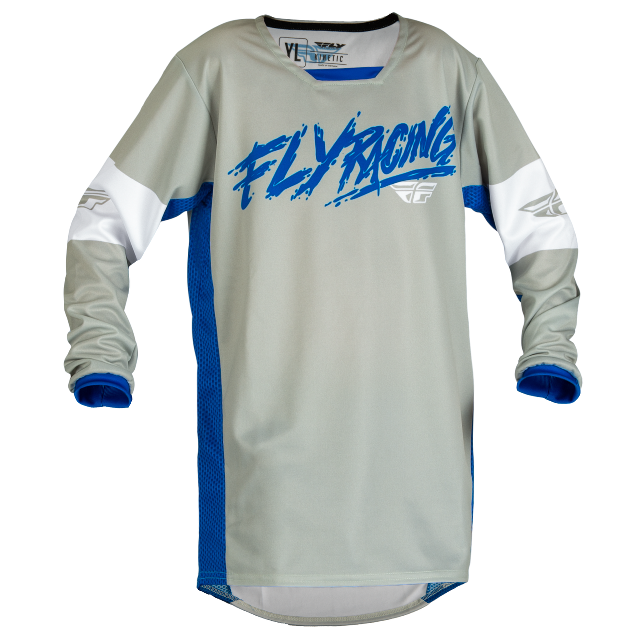 2023 Fly Racing Kinetic Khaos Youth Jersey (Grey/Blue/White, UK Size:S)