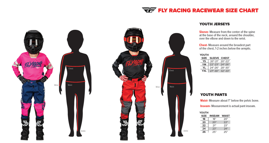 Youth Motocross Pants 2024 - Fly Racing's Rainbow Kinetic Prodigy size chart