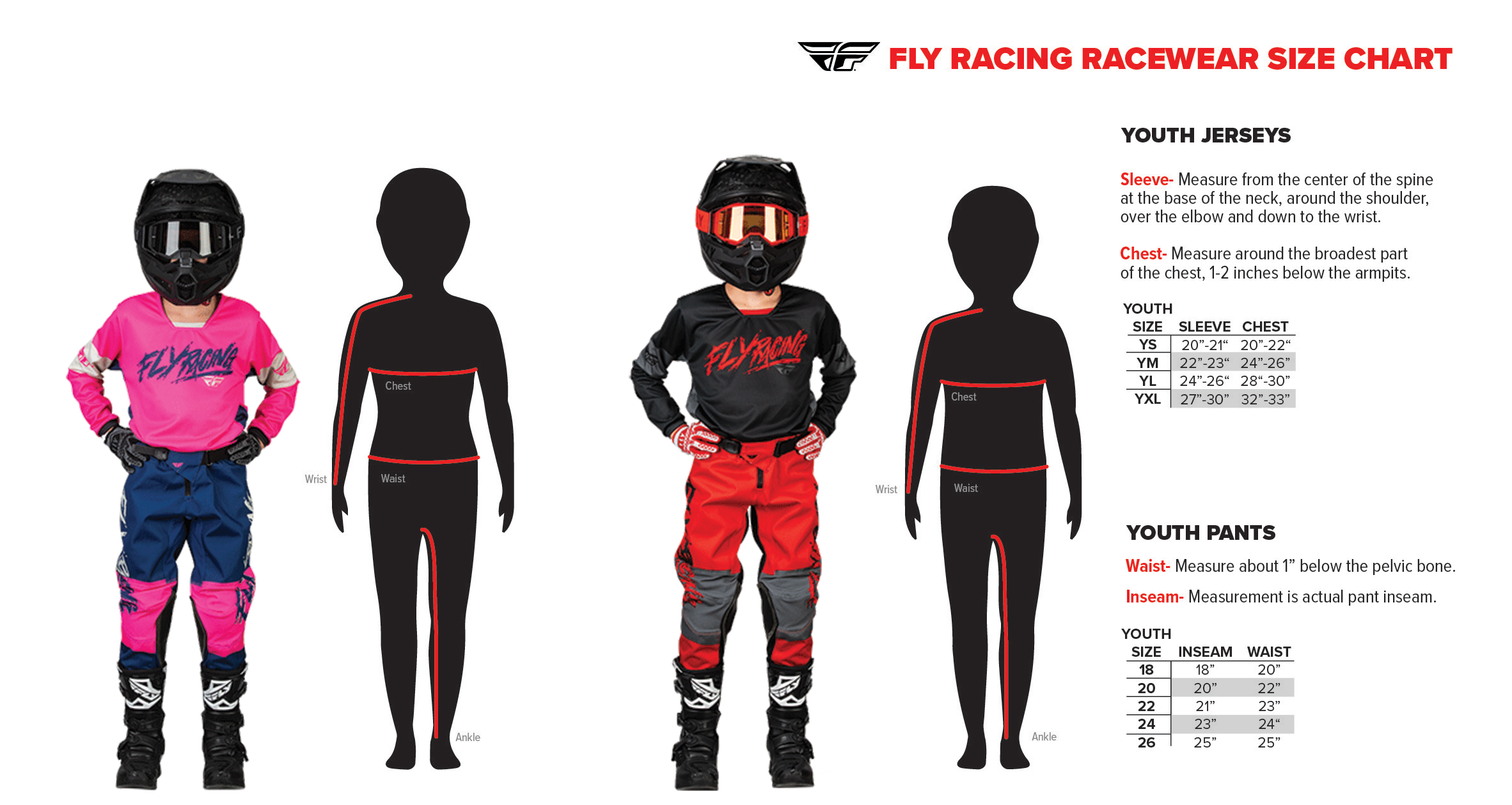 Youth Motocross Pants 2024 - Fly Racing's Rainbow Kinetic Prodigy size chart