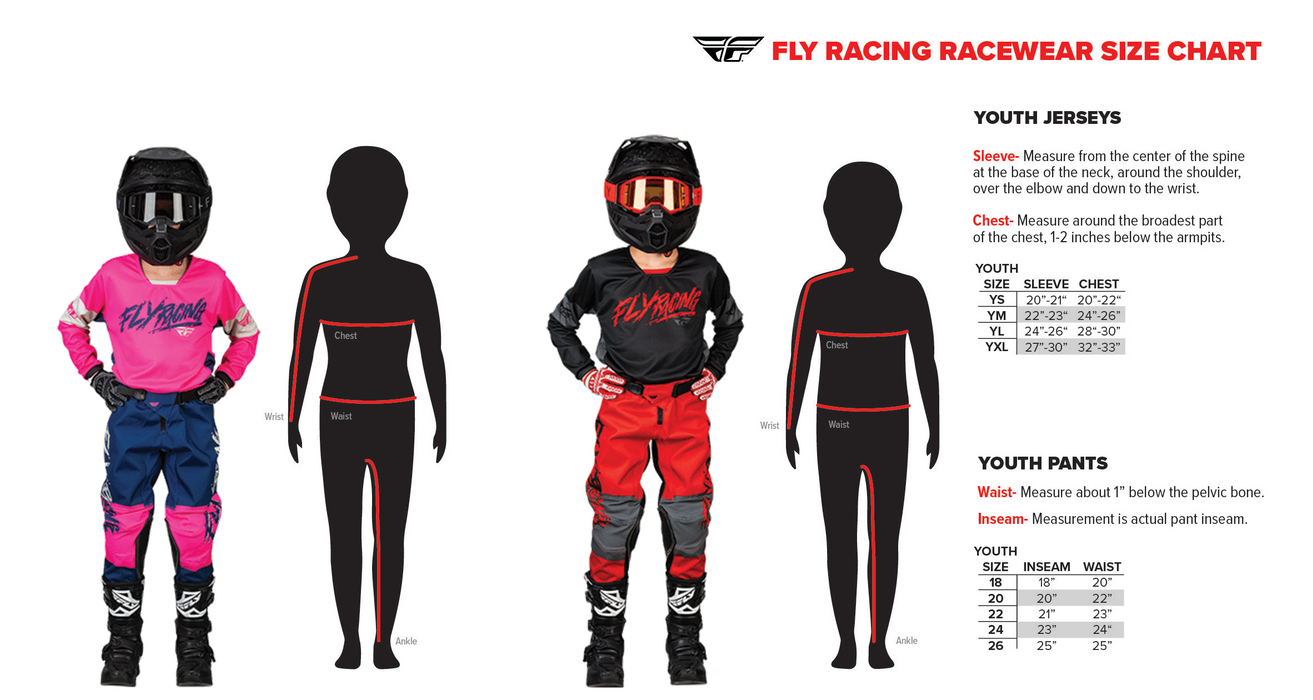 size chart: Fly Racing 2024 Kinetic Prodigy Youth Motocross Pants (Charcoal/Neon Green | Size: 26)