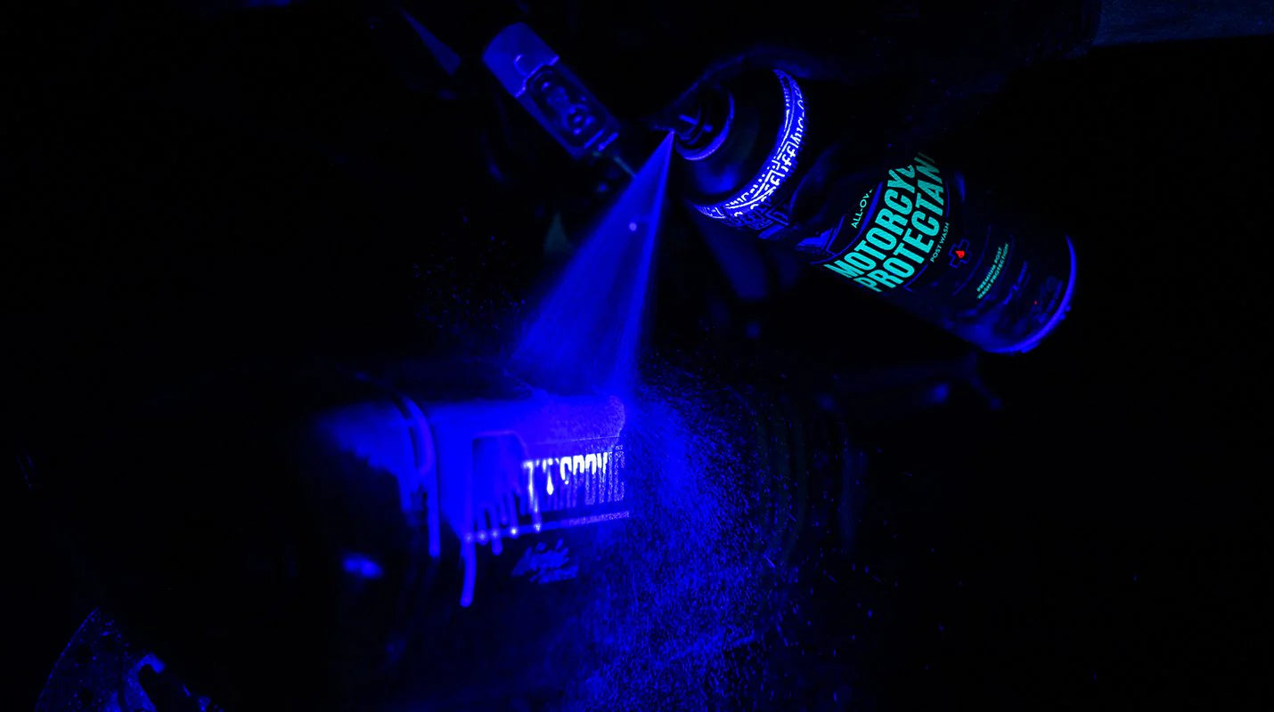 Muc-Off Motorcycle Protectant Under UV light