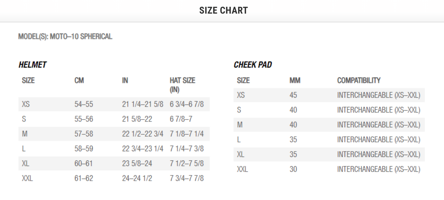 Bell Moto-10 Spherical Size guide