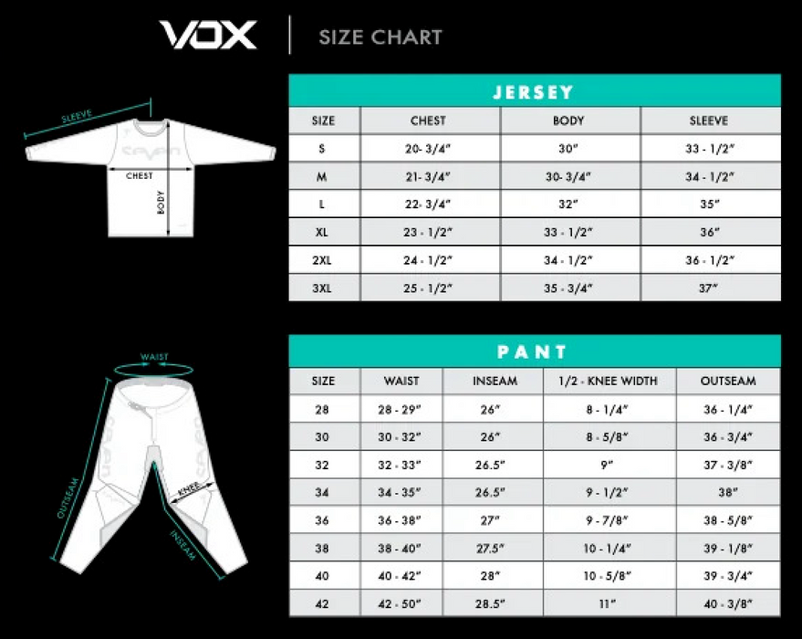 size chart SevenMX Vox jersey