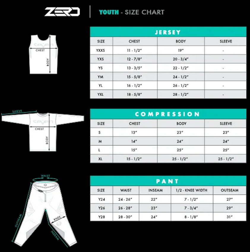 size chart for SevenMx youth compression jerseys