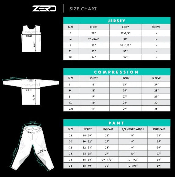 sevenMX size chart zero compression jerseys
