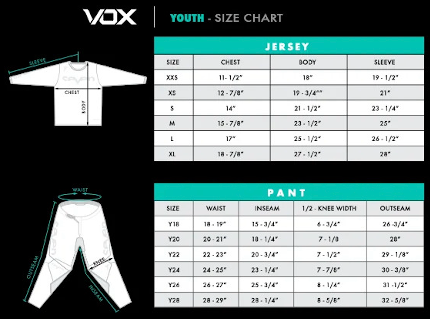 size chart sevenMX vox Youth