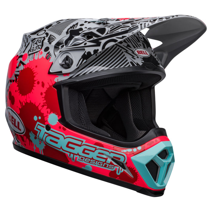 front left Bell MX-9 Motocross Helmet (Tagger Designs Splatter Red/Grey)