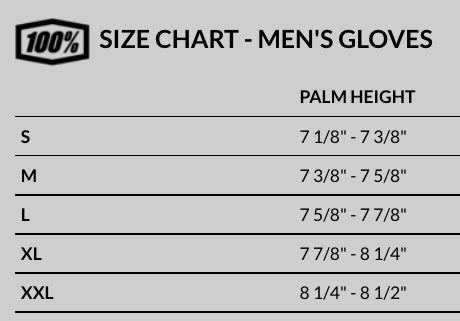 100Percent Ridefit Motocross Gloves sizing chart