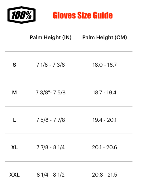 Size Guide for 100% MX Gloves