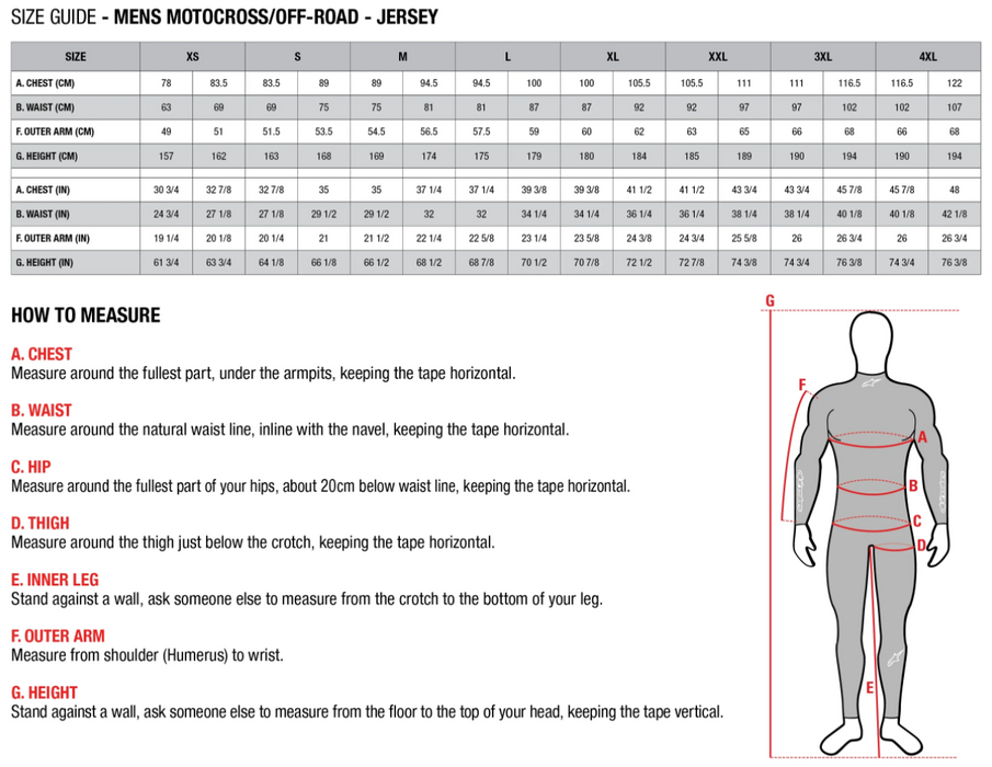 2023 Fluid Corsa Jersey Chart