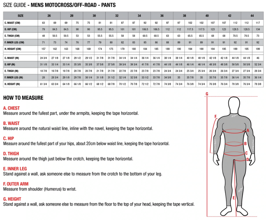 Alpinestars Pants Size Guide